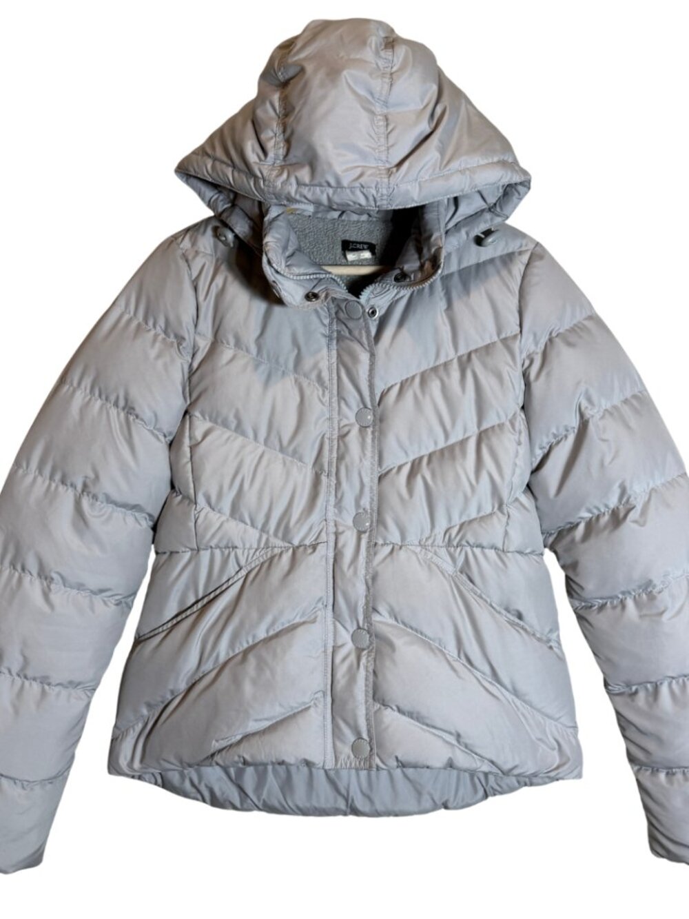 J. Crew Sherpa Lined Down Puffer Coat Women's Small Gray Hooded Jacket Outdoor